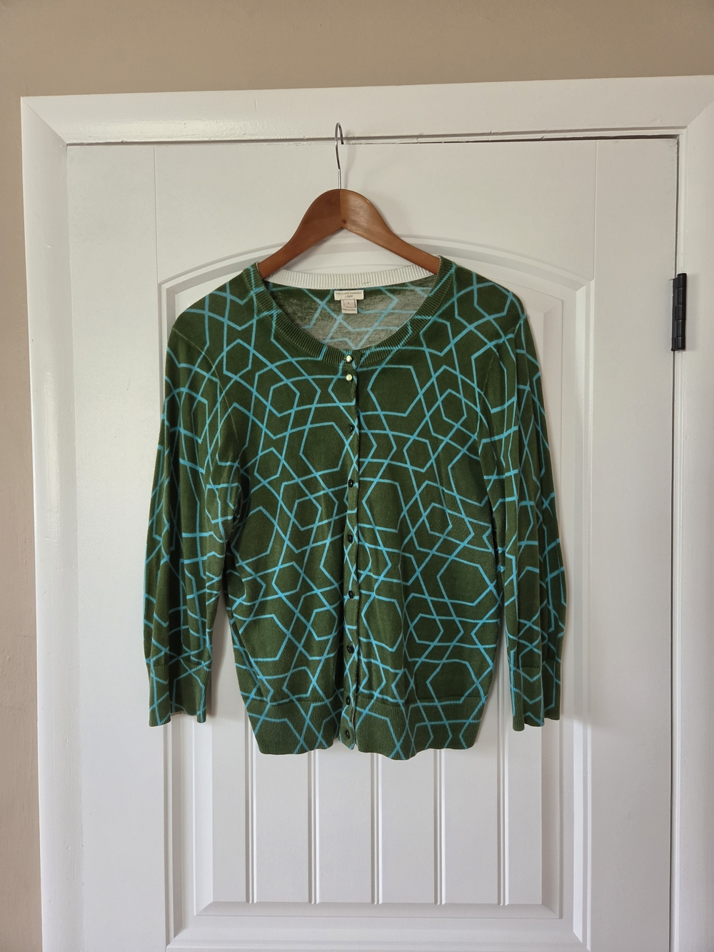 J.Crew Factory Geometric Print Green & Teal Button-Up Clare Cardigan